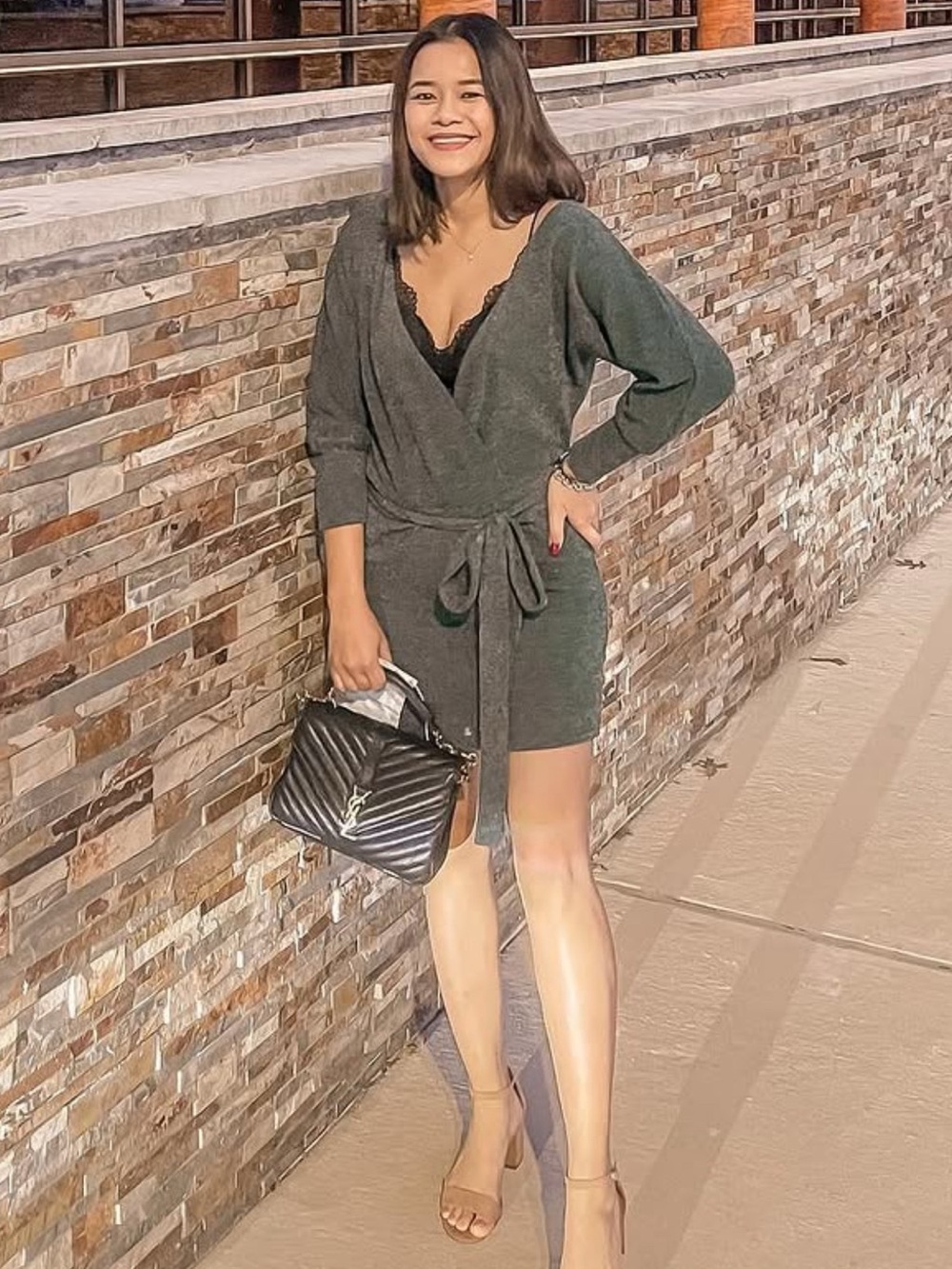 Francesca Wrap Front Dark Green Knit Dress with Tie Waist
